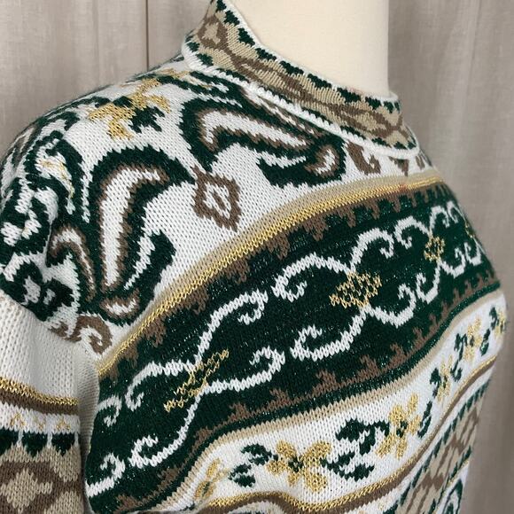 Vintage Sweater Womens Size Large White Green Brocade Mock Neck Knit 80s 90s - Picture 4 of 11